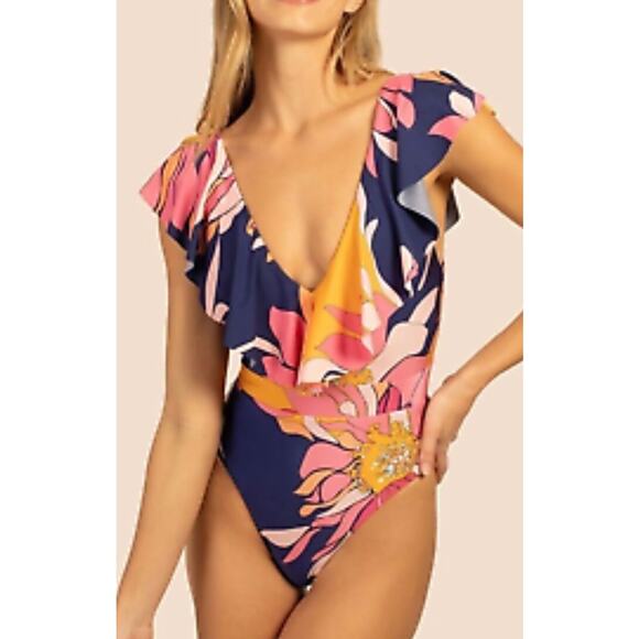 Trina Turk Breeze Ruffle One Piece Swim Suit 14 NWT - Picture 1 of 3